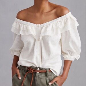 Anthropologie Maeve Cream Puff Sleeve Blouse with Bib Collar